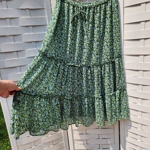 Aerie Floral Tiered Flowy Midi Pull On Skirt